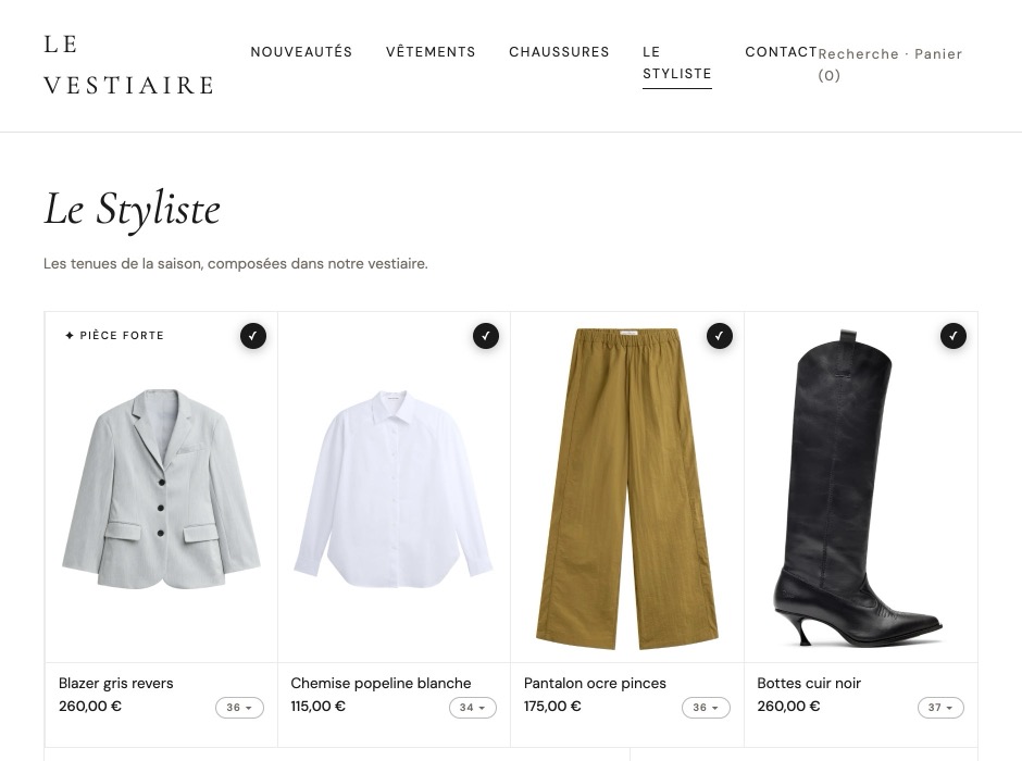 La page « Le Styliste » d’une boutique, dans le menu, avec les tenues du moment.