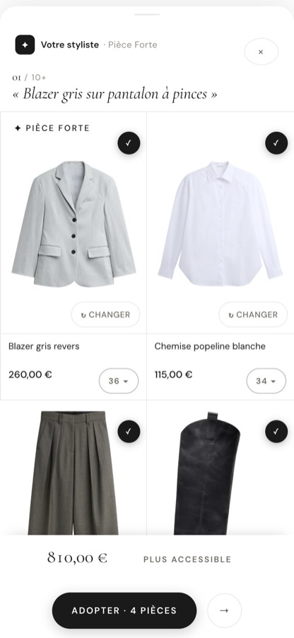 Ovestia sur mobile : la feuille du styliste avec la tenue, les pièces et le bouton Adopter.