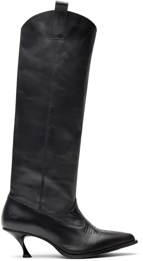 Bottes hautes en cuir noir, talon fin.