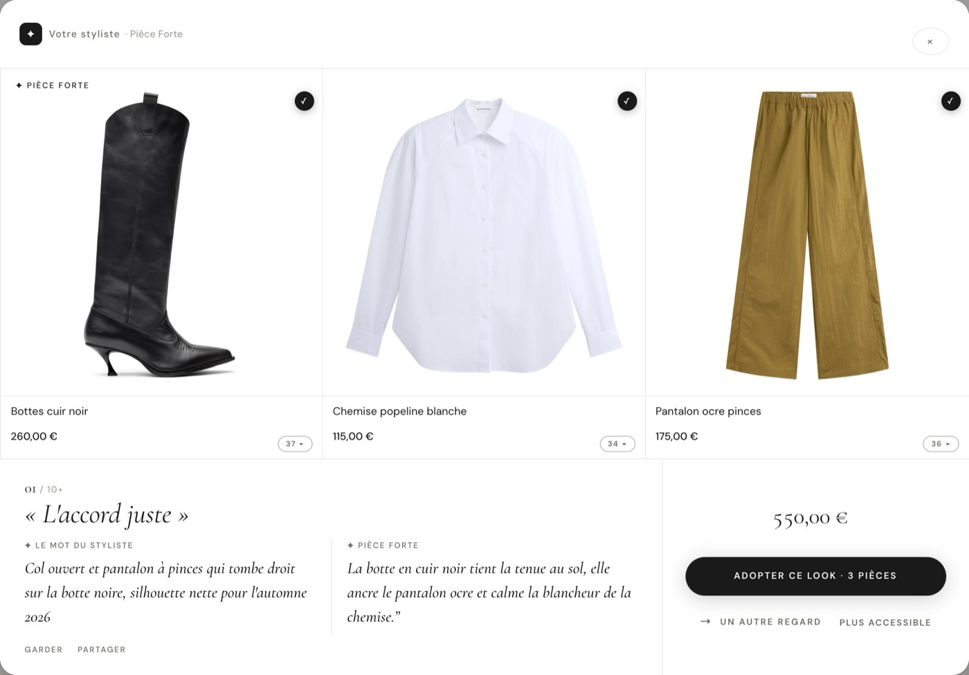 Le Studio : une rangée de cadres, le mot du styliste, la décision.
